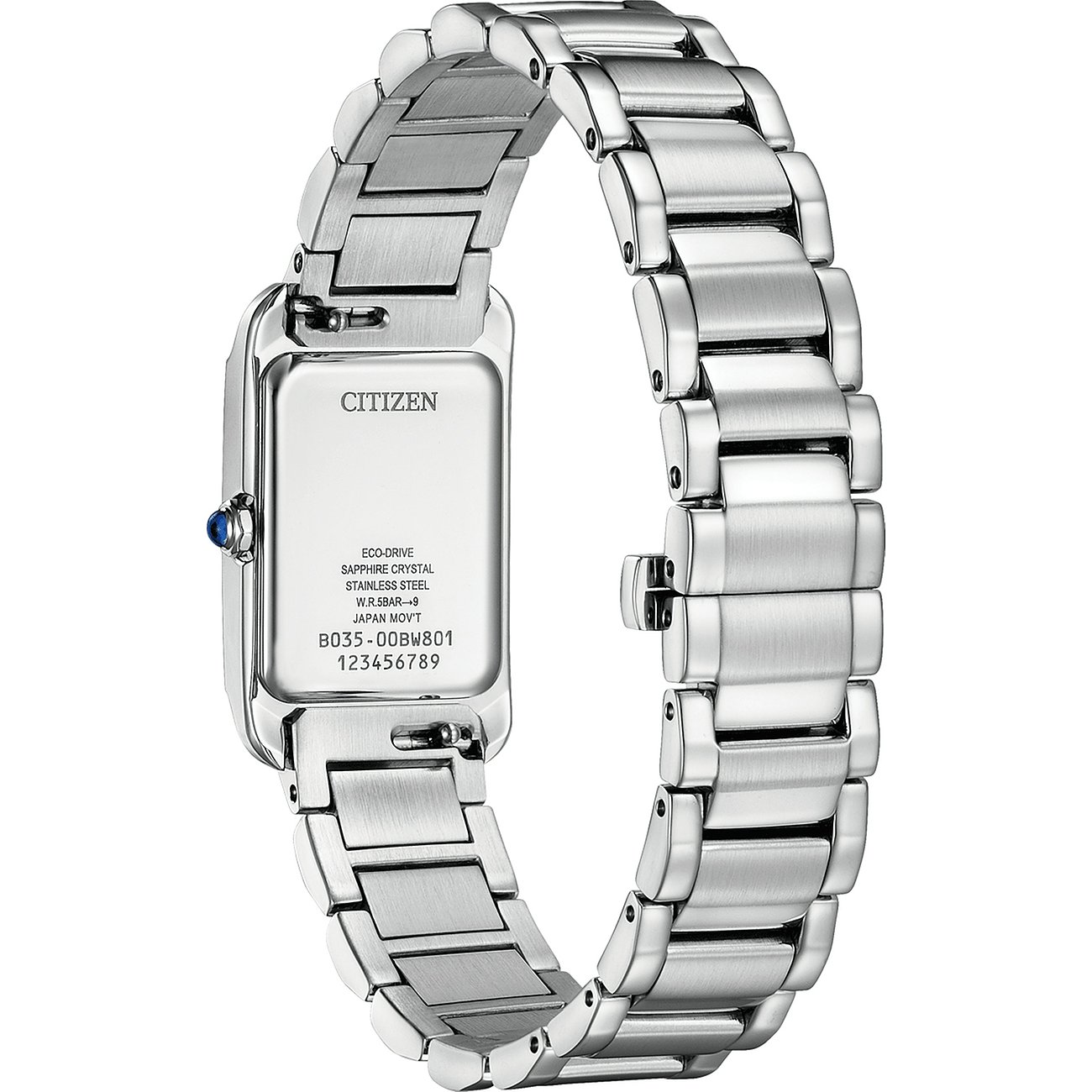 Rückansicht der Citizen Damenarmbanduhr aus Edelstahl, mit einem rechteckigen Gehäuse und einem blauen Edelstein.