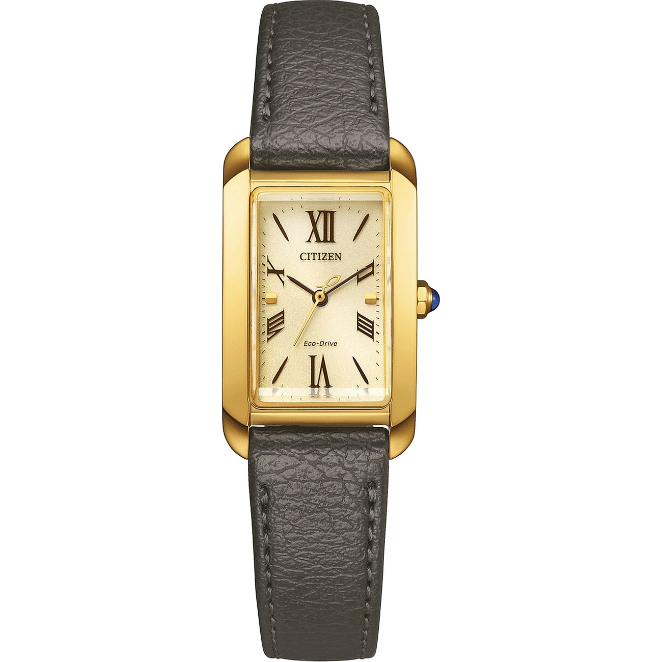 Citizen Damenuhr: rechteckiges goldfarbenes Edelstahlgehäuse, cremefarbenes Zifferblatt, anthrazitfarbenes Lederarmband.