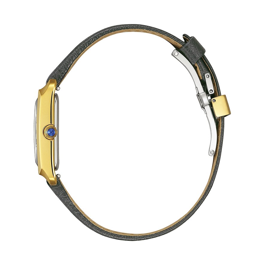 Seitenansicht der Citizen Damenuhr aus goldfarbenem Edelstahl mit dunkelgrauem Lederarmband und Faltschließe.
