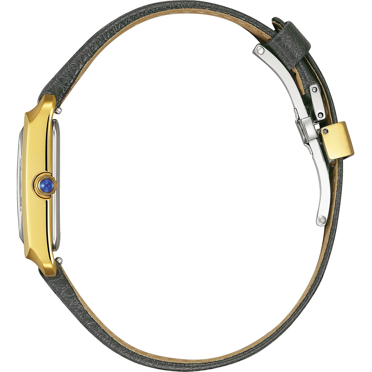 Seitenansicht der Citizen Damenuhr aus goldfarbenem Edelstahl mit dunkelgrauem Lederarmband und Faltschließe.
