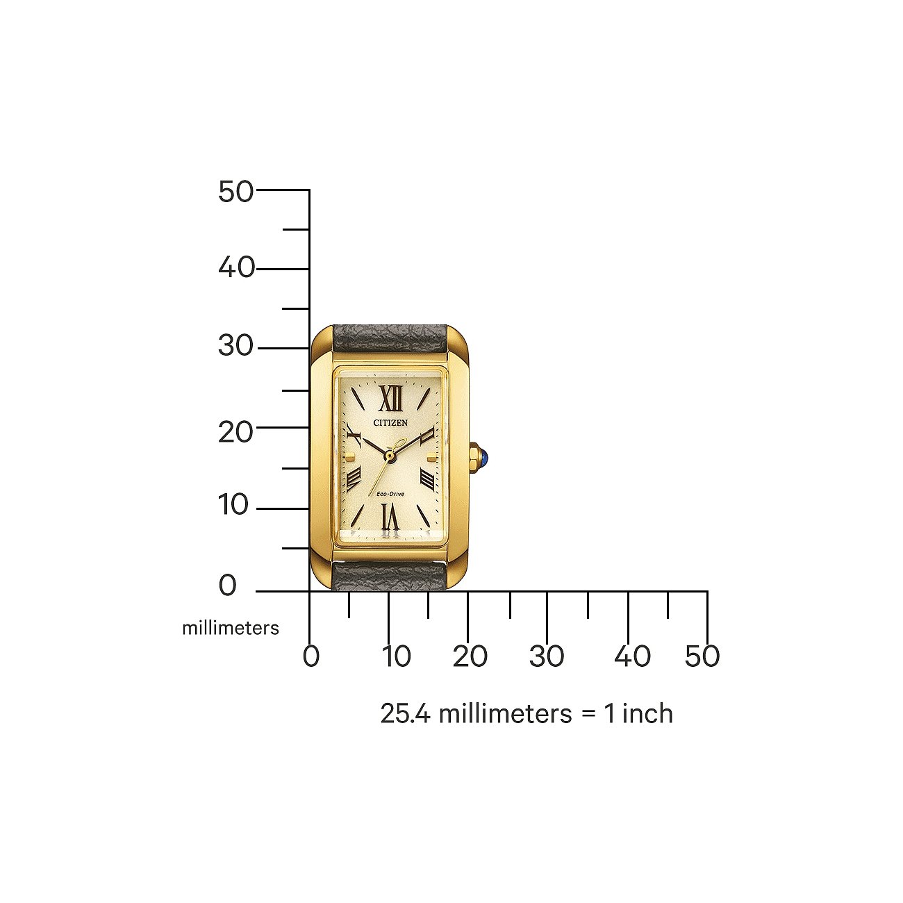 Citizen Damenuhr mit rechteckigem goldfarbenem Edelstahlgehäuse und schwarzem Armband auf Maßband