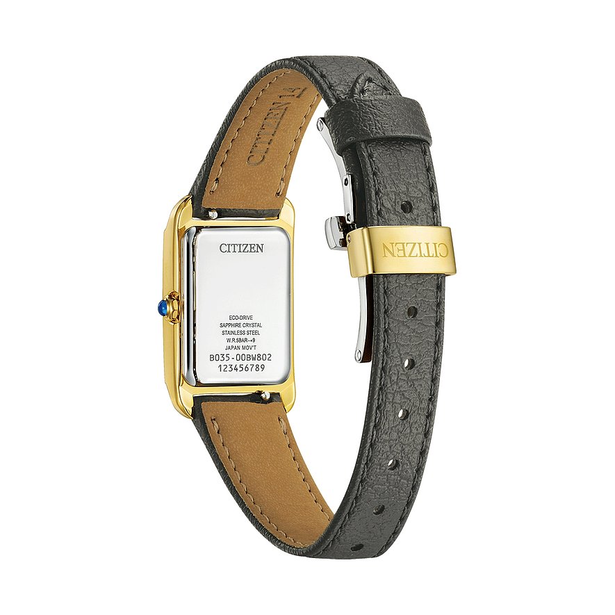 Rückansicht der Citizen Damenuhr aus goldfarbenem Edelstahl mit rechteckigem Gehäuse und schwarzem Lederarmband.