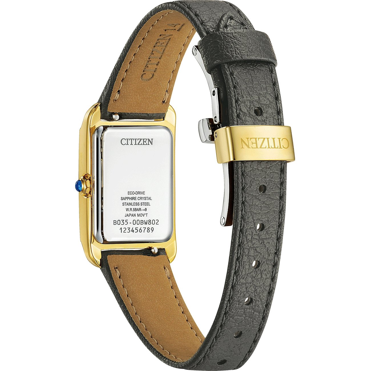 Rückansicht der Citizen Damenuhr aus goldfarbenem Edelstahl mit rechteckigem Gehäuse und schwarzem Lederarmband.