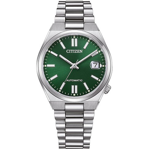 Citizen dameshorloge van RVS met groene wijzerplaat en datumaanduiding aan de rechterzijde.