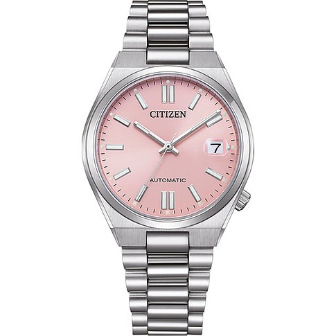 Citizen dameshorloge van roestvrij staal met roze wijzerplaat en datumweergave op een witte achtergrond.