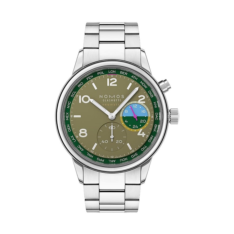 Nomos Glashütte Herrenuhr Club Sport neomatik Weltzeit Jungle 790.S2, Herren, Edelstahl, Armband: Edelstahl, Automatik, analog
