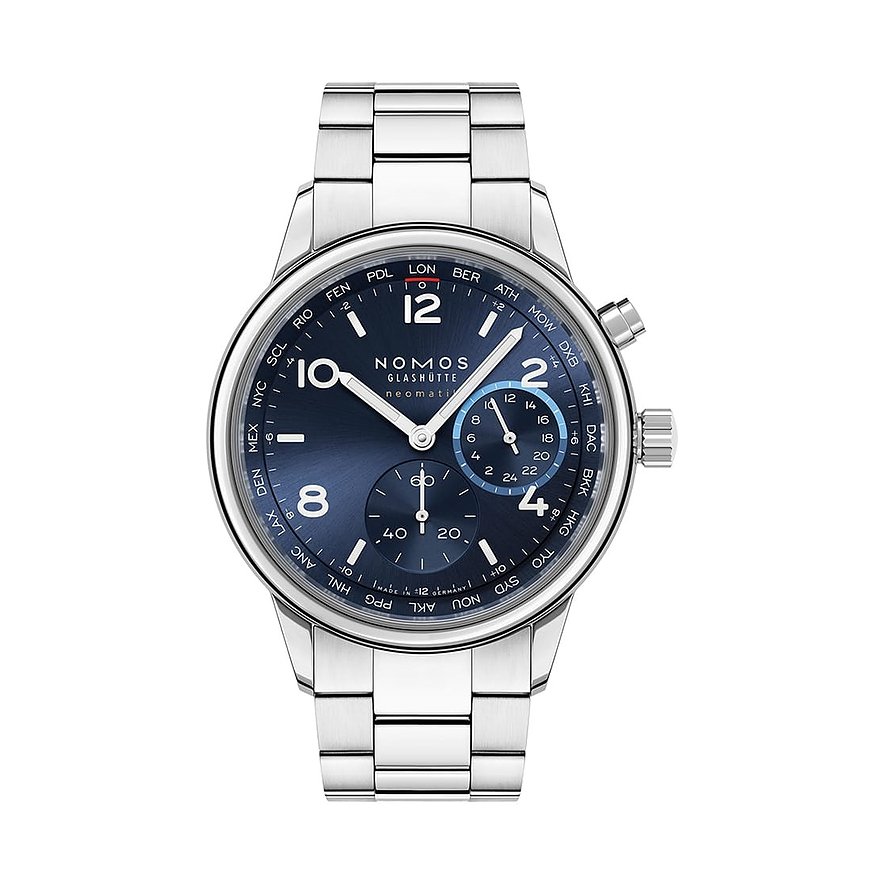 Nomos Glashütte Herrenuhr Club Sport neomatik Weltzeit blau 790, Herren, Edelstahl, Armband: Edelstahl, Automatik, analog