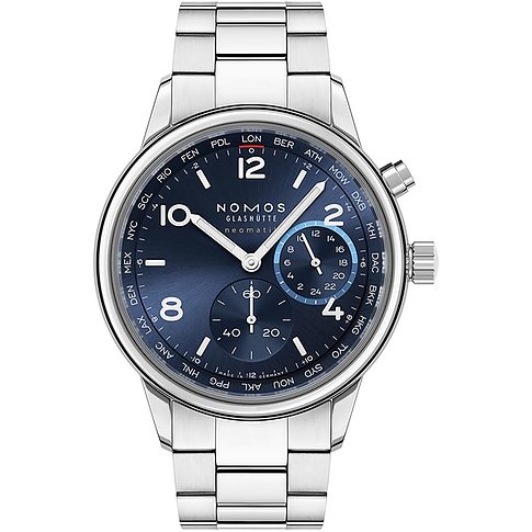 Nomos Glashütte Herrenuhr aus Edelstahl mit blauem Zifferblatt und Weltzeitfunktion.