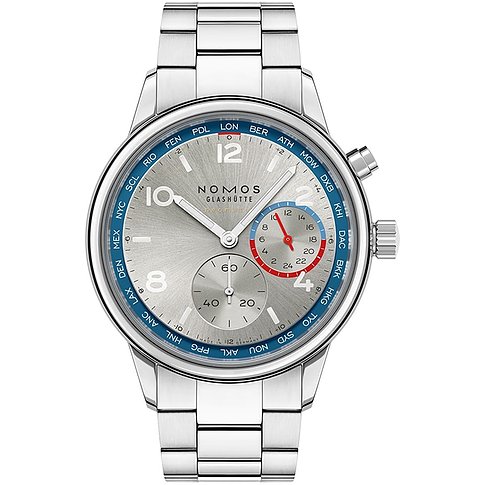 Nomos Glashütte Herrenuhr aus Edelstahl, silberfarbenes Zifferblatt, mit Weltzeitfunktion.