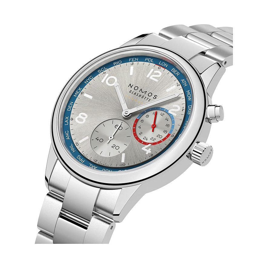 Nomos Glashütte Herrenuhr mit Edelstahlgehäuse, silbernes Zifferblatt, analog.