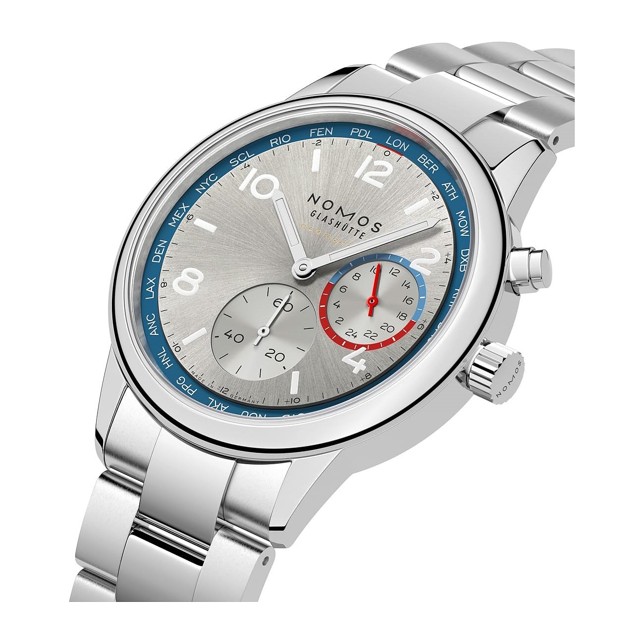 Nomos Glashütte Herrenuhr mit Edelstahlgehäuse, silbernes Zifferblatt, analog.