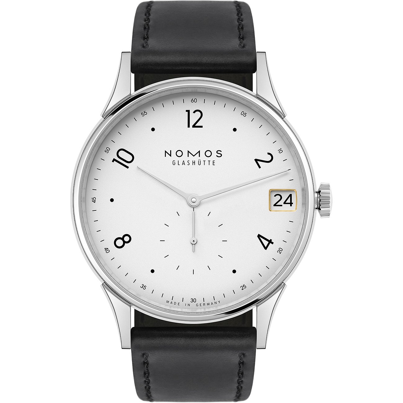 Nomos Glashütte Herrenuhr mit Edelstahlgehäuse, weißem Zifferblatt und Datum.