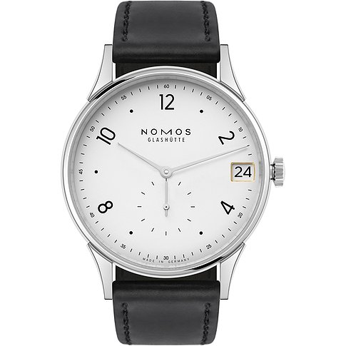 Nomos Glashütte Herrenuhr mit Edelstahlgehäuse, weißem Zifferblatt und Datum.