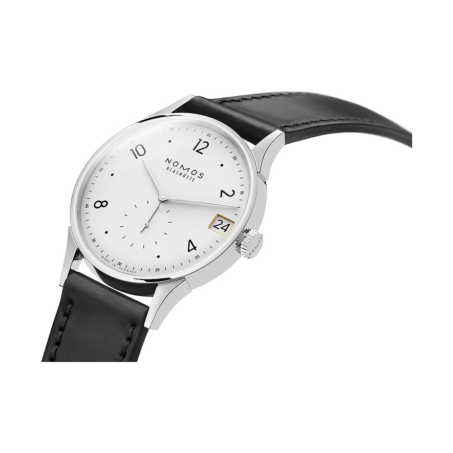 Nomos Glashütte Herrenuhr mit Edelstahlgehäuse, weißem Zifferblatt und Datum.