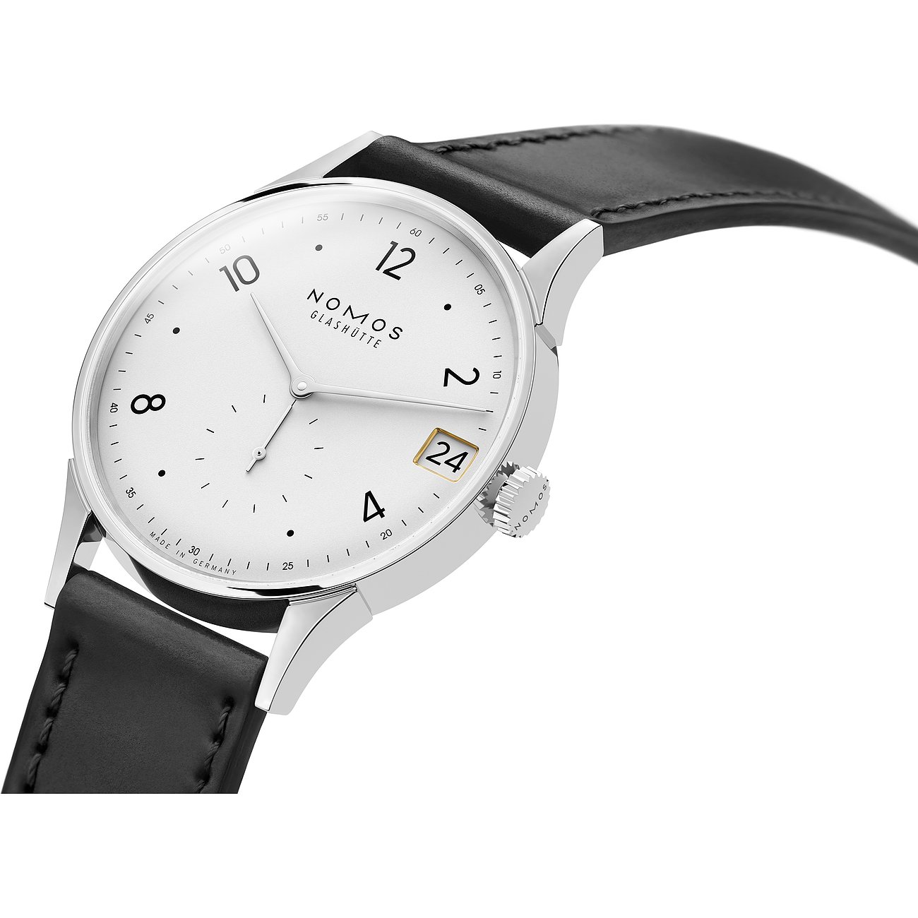 Nomos Glashütte Herrenuhr mit Edelstahlgehäuse, weißem Zifferblatt und Datum.