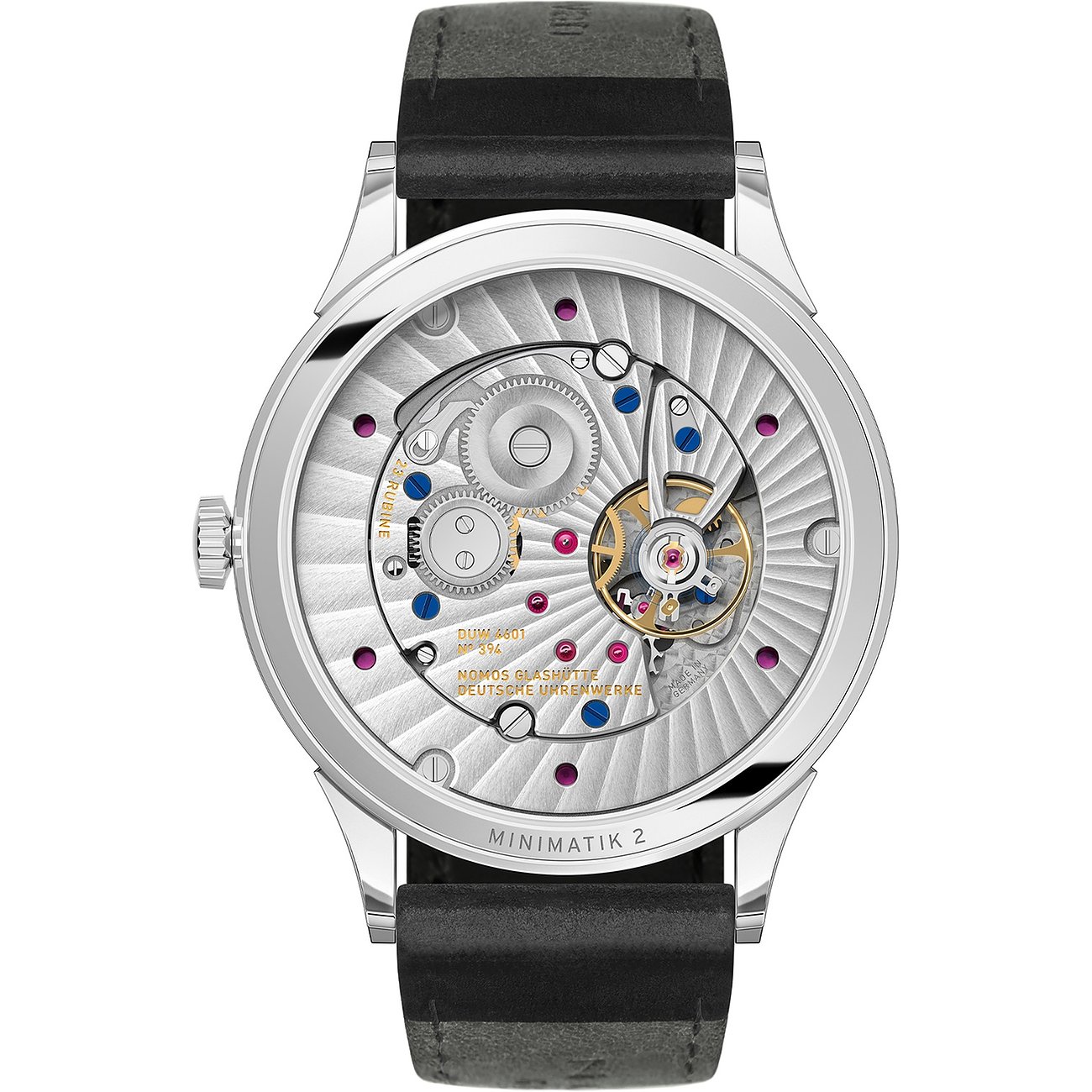 Nomos Glashütte Herrenuhr mit Edelstahlgehäuse und sichtbarem Werk.