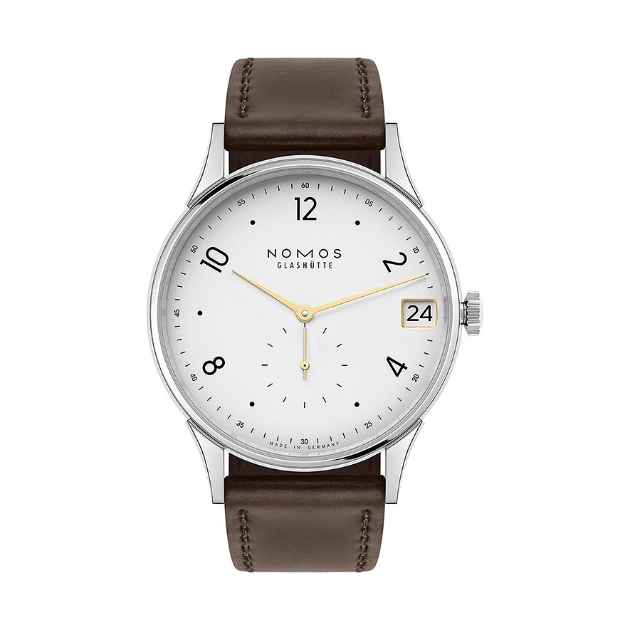 Nomos Glashütte Herrenuhr Minimatik 39 Datum gold 1251, Herren, Edelstahl, Armband: Pferdeleder, Handaufzug, analog