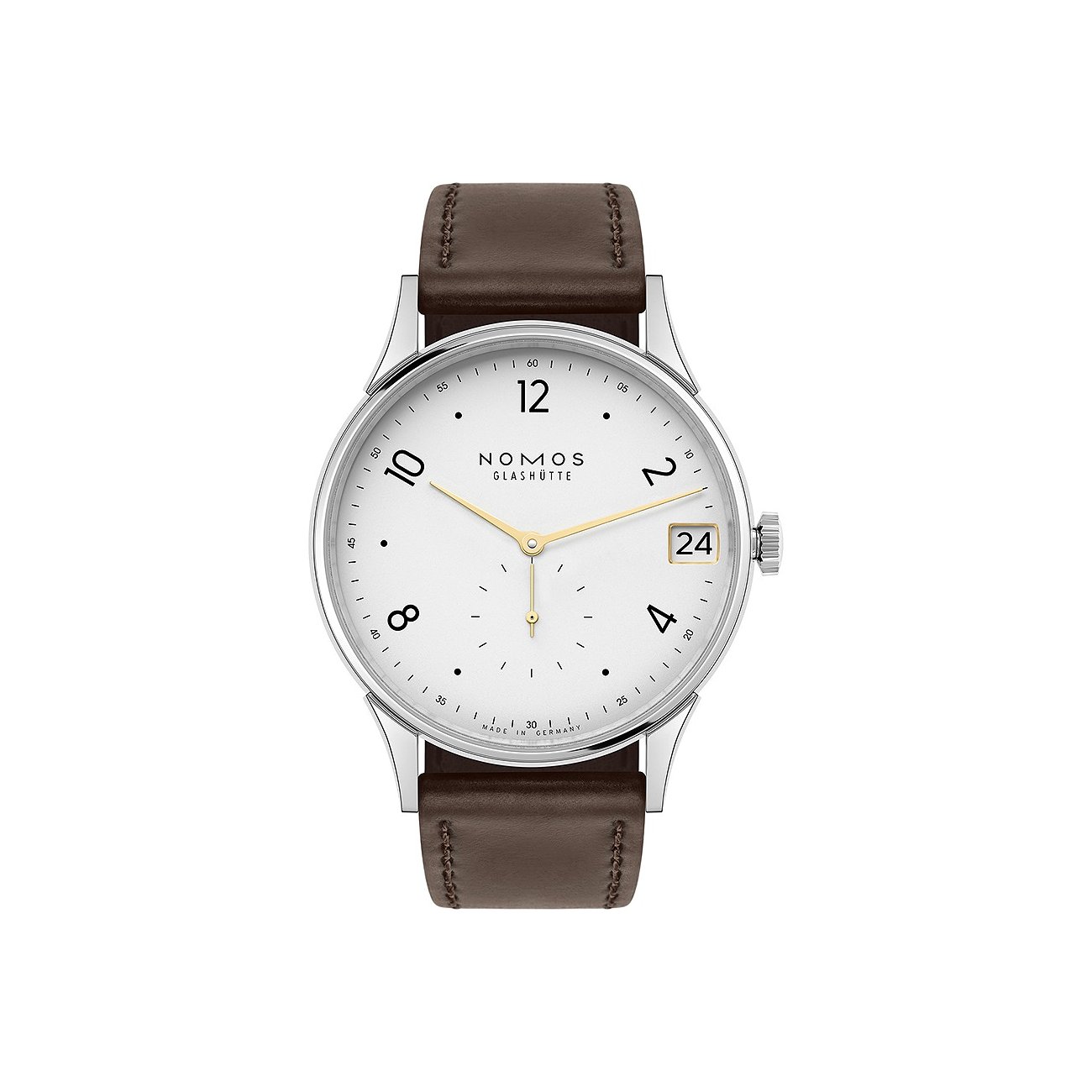 Nomos Glashütte Herrenuhr mit Edelstahlgehäuse, weißem Zifferblatt und Datum.