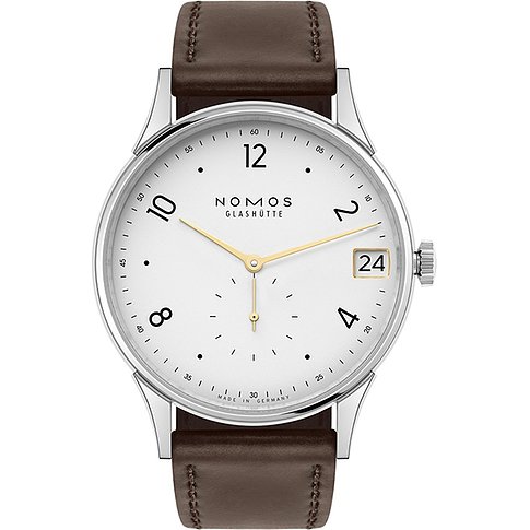 Nomos Glashütte Herrenuhr mit Edelstahlgehäuse, weißem Zifferblatt und Datum.