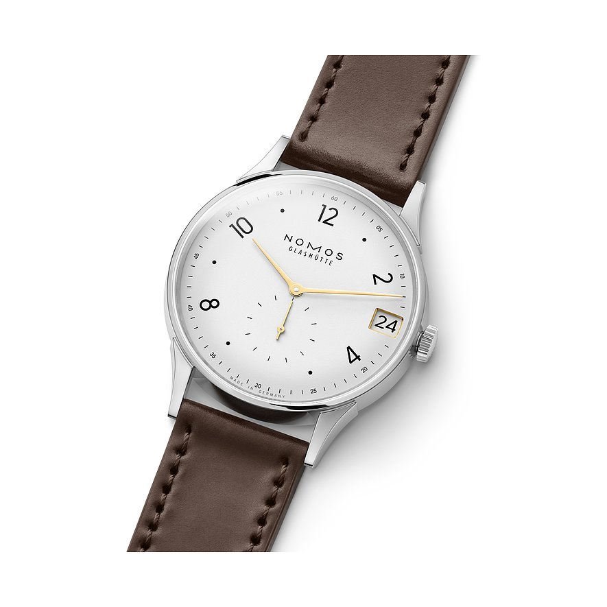 Nomos Glashütte Herrenuhr mit Edelstahlgehäuse, weißem Zifferblatt und Datum.