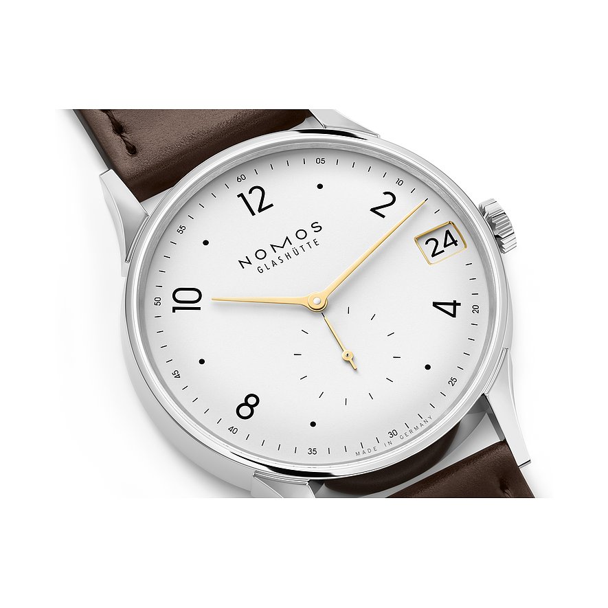Nomos Glashütte Herrenuhr mit Edelstahlgehäuse, weißem Zifferblatt und Datum.