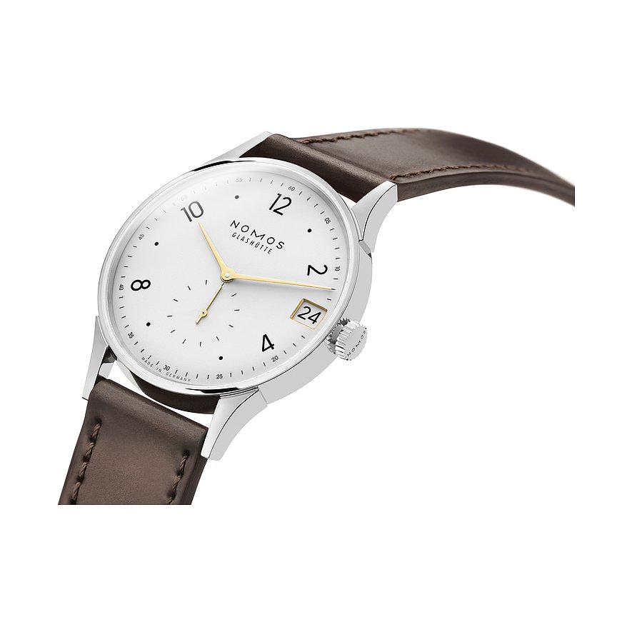 Nomos Glashütte Herrenuhr mit Edelstahlgehäuse, analog, weißem Zifferblatt und Datum.