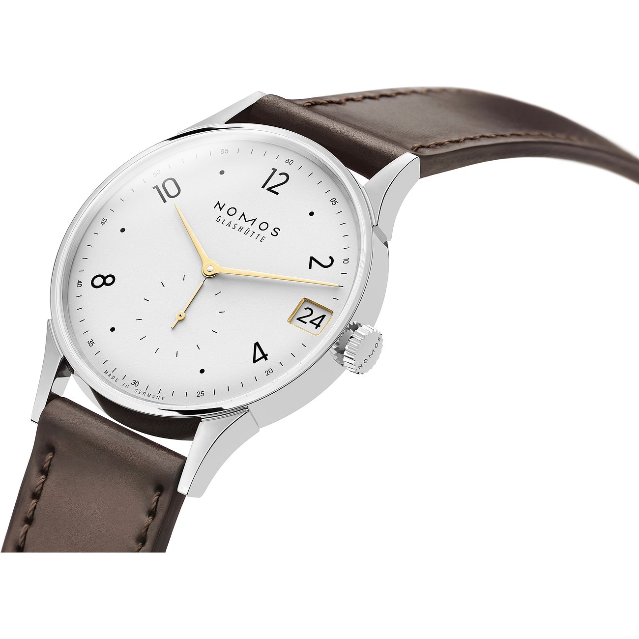 Nomos Glashütte Herrenuhr mit Edelstahlgehäuse, analog, weißem Zifferblatt und Datum.