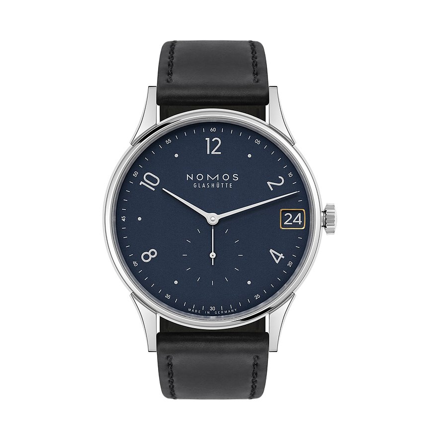 Nomos Glashütte Herrenuhr Minimatik 39 Datum blau 1252, Herren, Edelstahl, Armband: Pferdeleder, Handaufzug, analog
