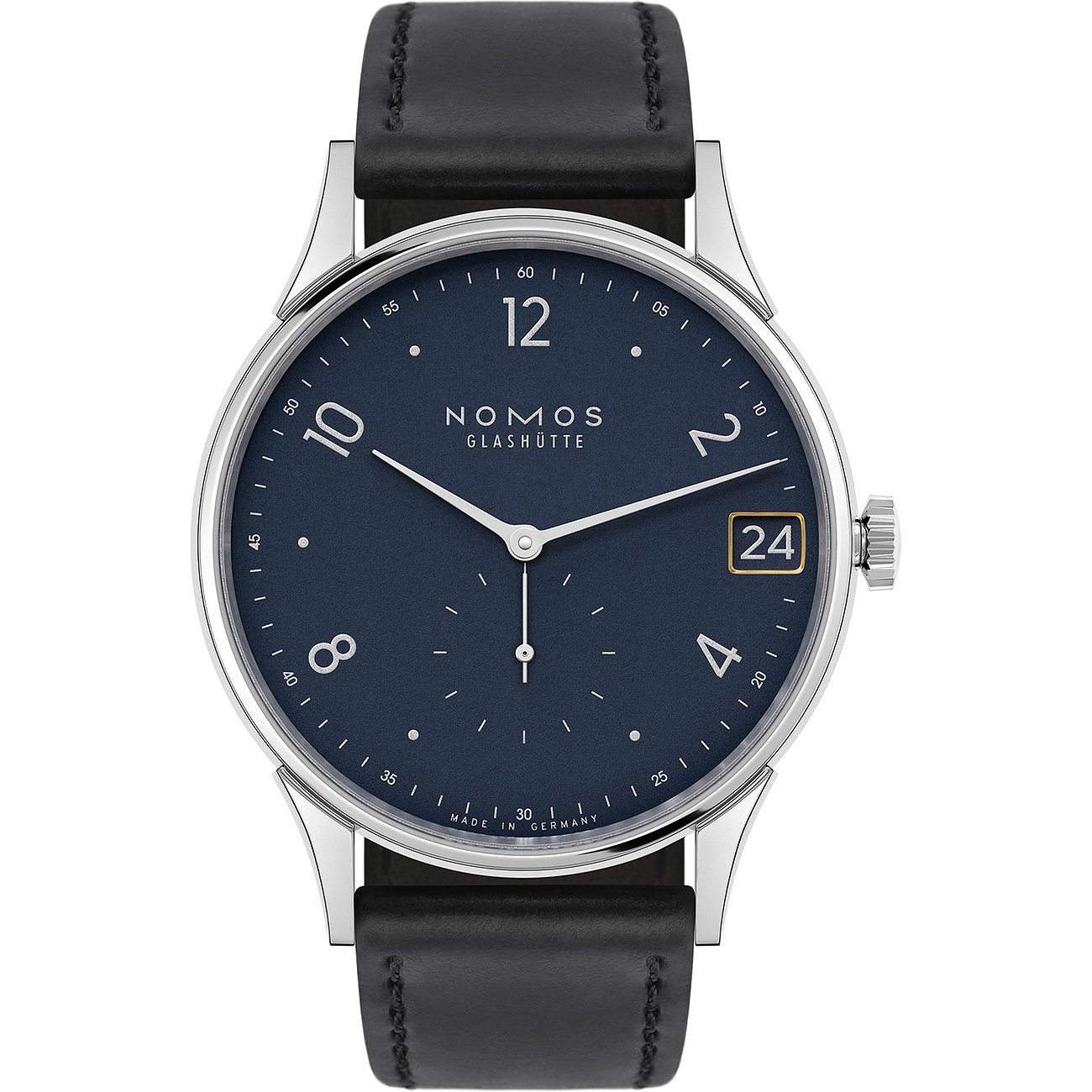 Nomos Glashütte Herrenuhr mit Edelstahlgehäuse, blauem Zifferblatt und Datum.