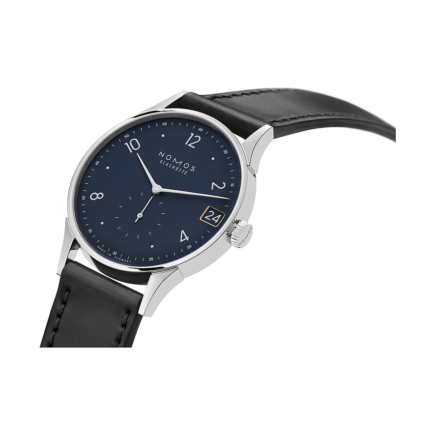 Nomos Glashütte Herrenuhr mit Edelstahlgehäuse, blauem Zifferblatt und Datum.