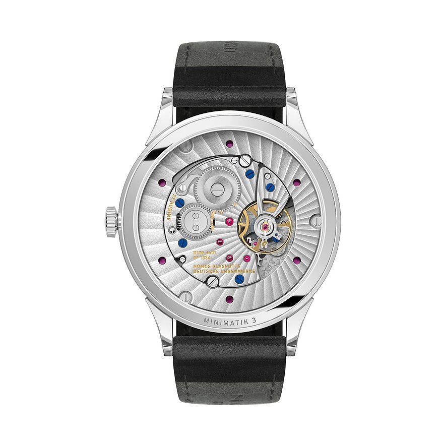 Nomos Glashütte Herrenuhr aus Edelstahl mit sichtbarem Werk und schwarzem Armband.