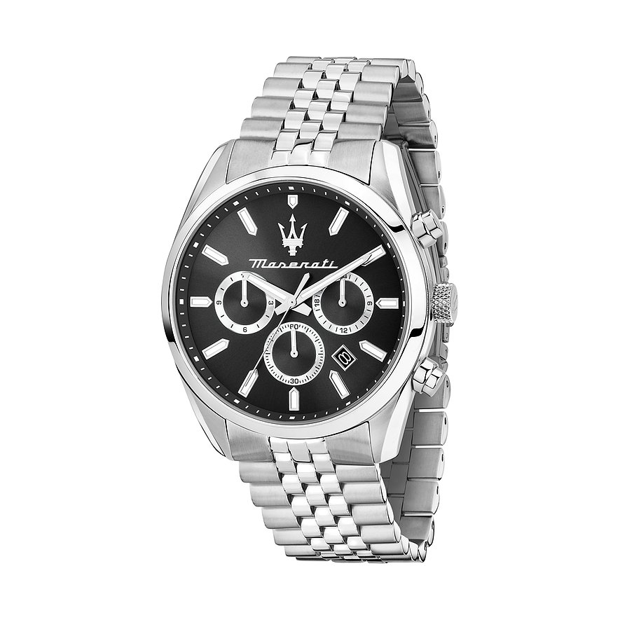 Maserati Herrenuhr aus Edelstahl mit dunklem Zifferblatt, drei Chronographen-Anzeigen und Datumsfenster bei 4 Uhr.