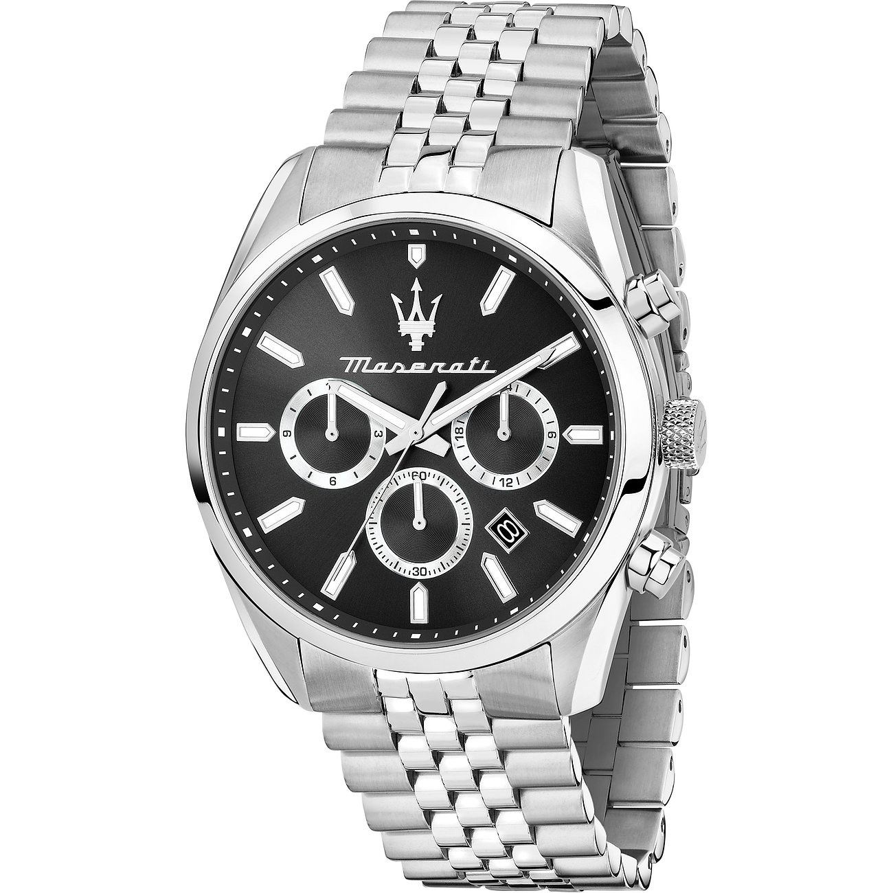 Maserati Herrenuhr aus Edelstahl mit dunklem Zifferblatt, drei Chronographen-Anzeigen und Datumsfenster bei 4 Uhr.