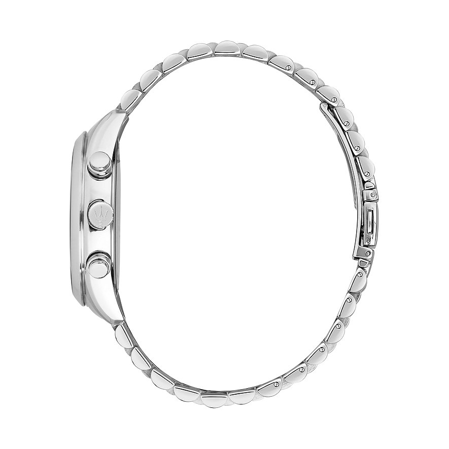 Seitenansicht der Maserati Herrenuhr aus blauem Edelstahl mit drei runden Knöpfen an der Seite und einem Gliederarmband.