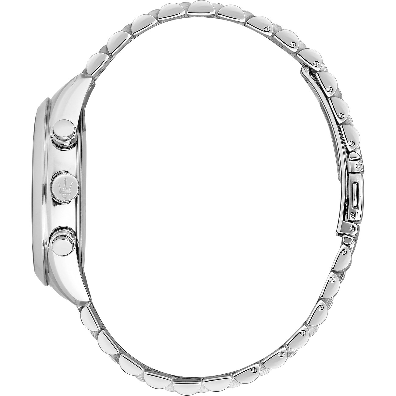 Seitenansicht der Maserati Herrenuhr aus blauem Edelstahl mit drei runden Knöpfen an der Seite und einem Gliederarmband.