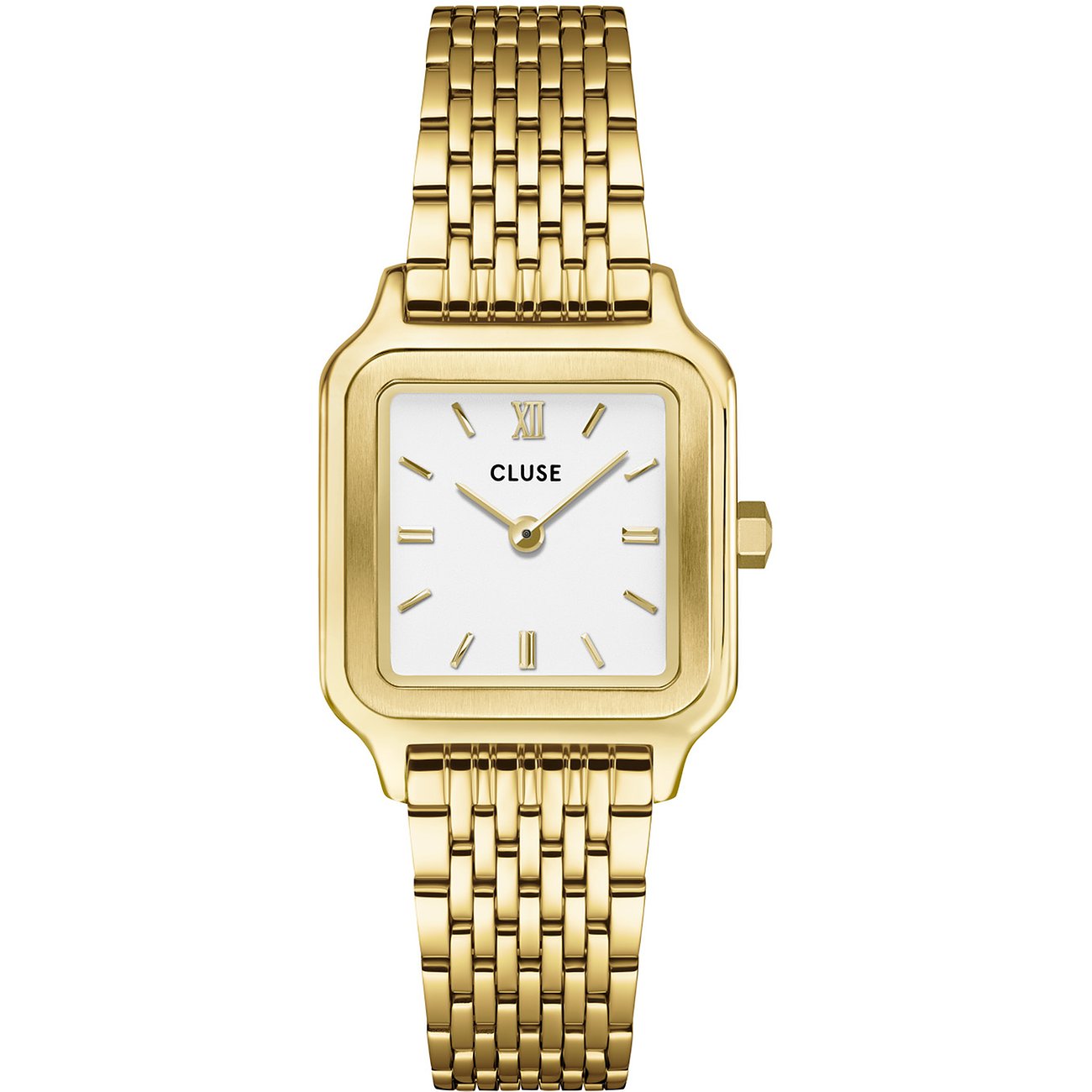Cluse Damenuhr mit goldfarbenem Gehäuse und weißem Zifferblatt.