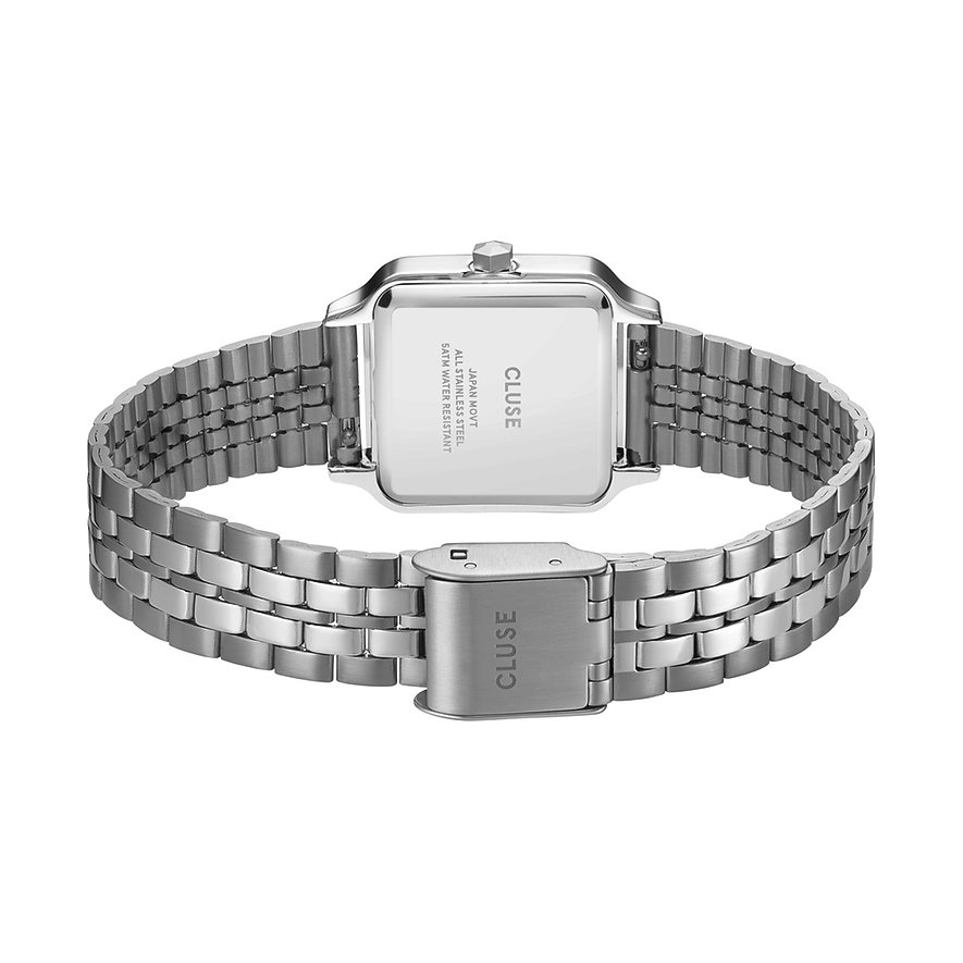 Cluse Damenuhr mit Edelstahlgehäuse, silberfarbenes Gliederarmband.