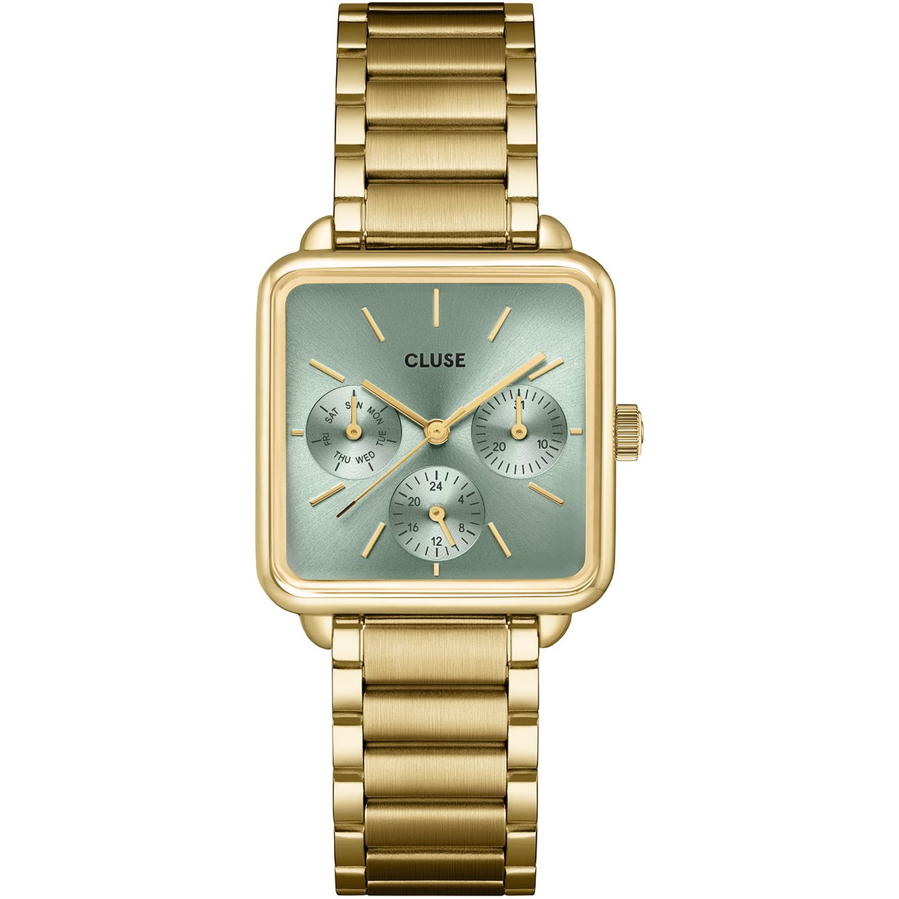 Cluse Damenuhr mit goldfarbenem Gehäuse, grünem Zifferblatt und Chronographenanzeige.