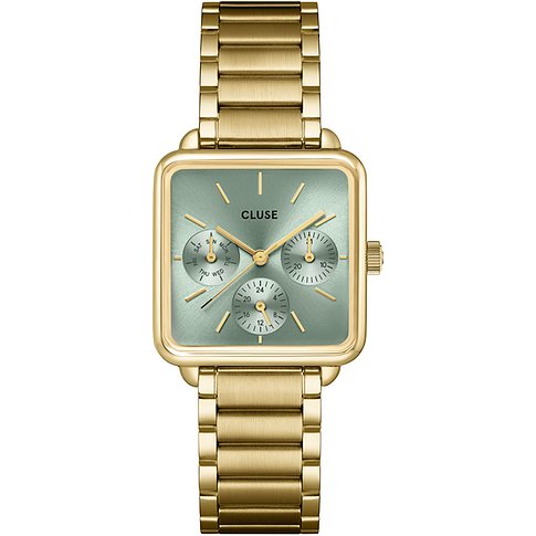 Cluse Damenuhr mit goldfarbenem Gehäuse, grünem Zifferblatt und Chronographenanzeige.