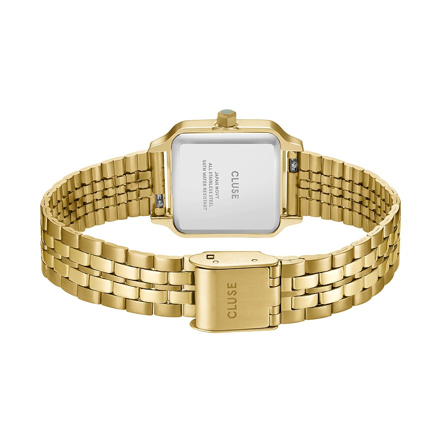Cluse Damenuhr mit goldfarbenem Edelstahlgehäuse und Gliederarmband.