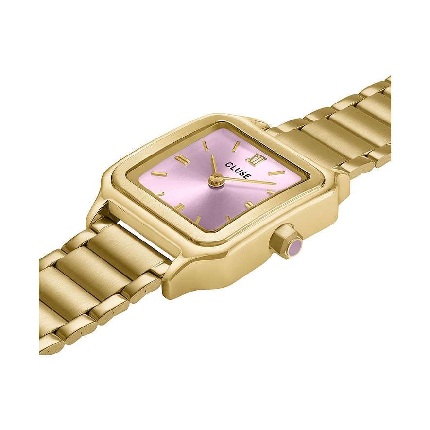 Cluse Damenuhr mit goldfarbenem Gehäuse, analogem Zifferblatt und silberfarbenem Armband.