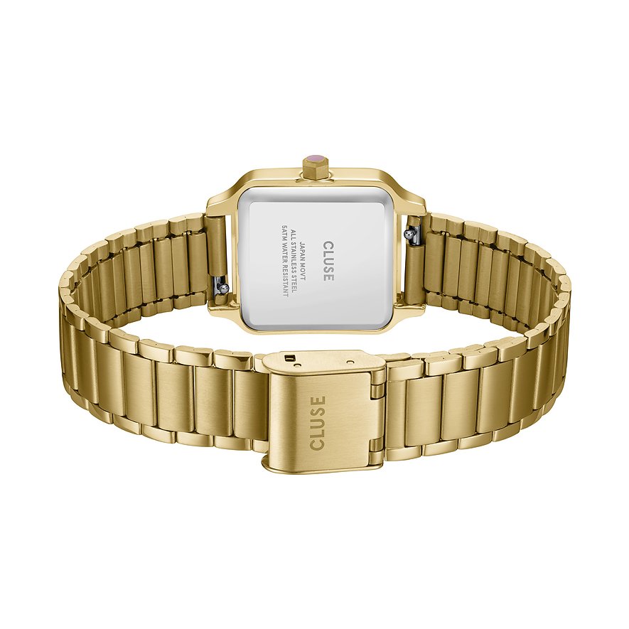 Cluse Damenuhr goldfarben mit Edelstahlgehäuse und Gliederarmband.