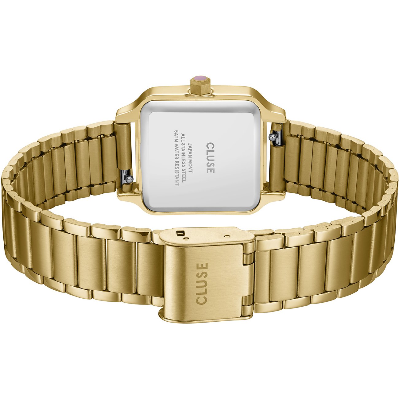 Cluse Damenuhr goldfarben mit Edelstahlgehäuse und Gliederarmband.