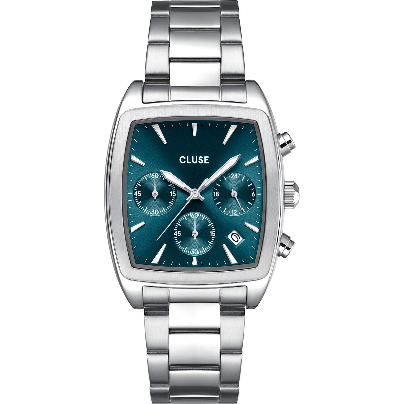 Cluse Herrenuhr mit silberfarbenem Edelstahlgehäuse und blauem Zifferblatt.