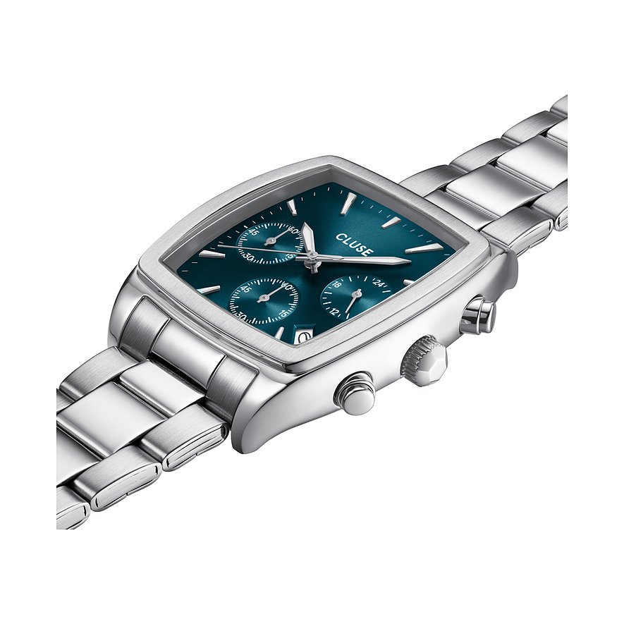 Cluse Herrenuhr mit silberfarbenem Edelstahlgehäuse und blauem Zifferblatt.