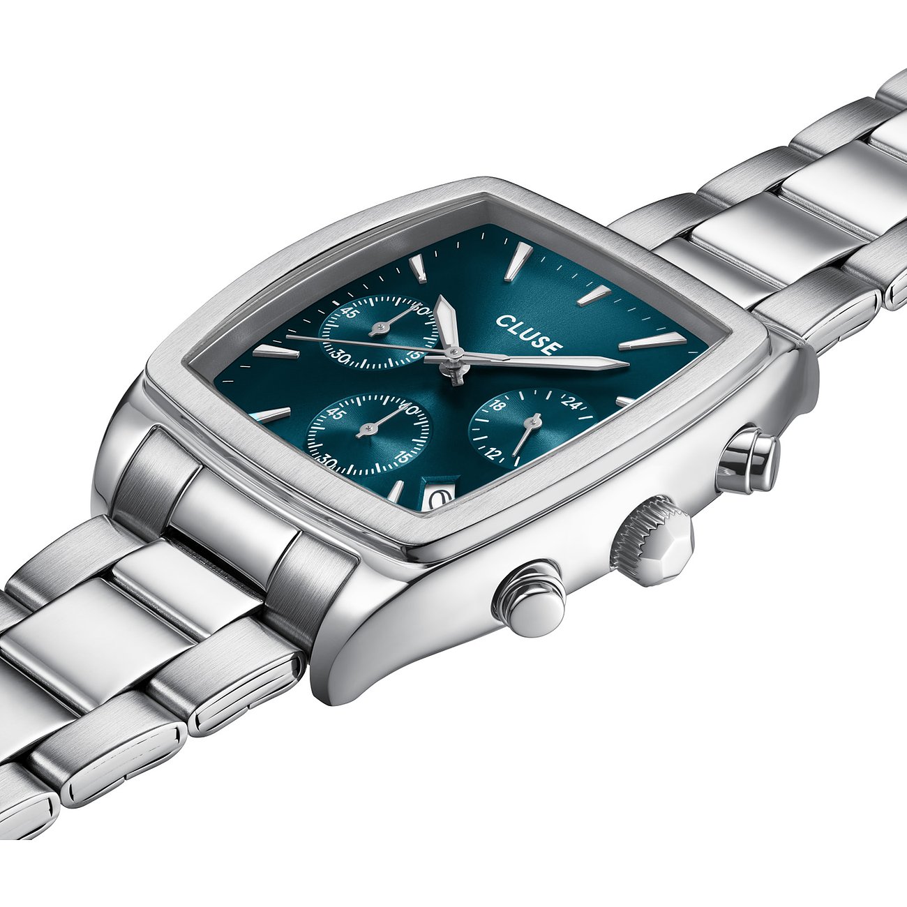 Cluse Herrenuhr mit silberfarbenem Edelstahlgehäuse und blauem Zifferblatt.