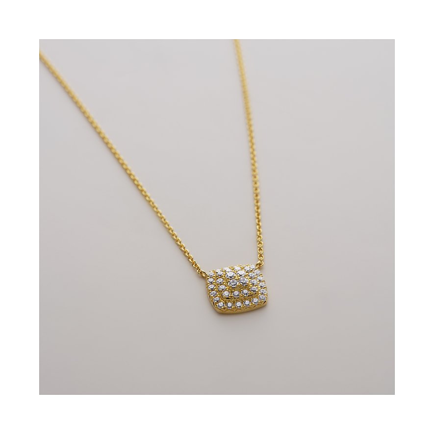 CHRIST Halsschmuck aus Gelbgold mit einem quadratischen Anhänger, besetzt mit vielen funkelnden Diamanten.