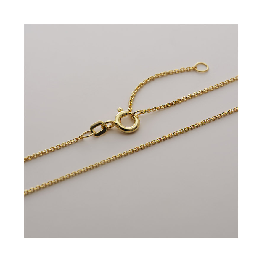 Nahaufnahme einer CHRIST Halskette aus Gelbgold mit einem Diamanten. Das Bild zeigt den Verschluss und einen Teil der Kette.