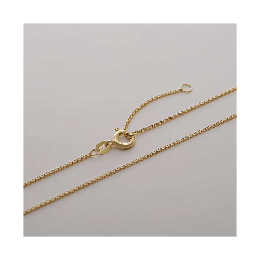 Närbild av ett CHRIST halsband i 585 gult guld med diamant. Utlagt platt, visar lås och kedja.