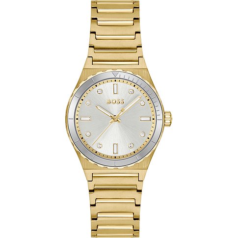 Boss Damenuhr aus Edelstahl mit Zirkonia und silberfarbenem Zifferblatt.